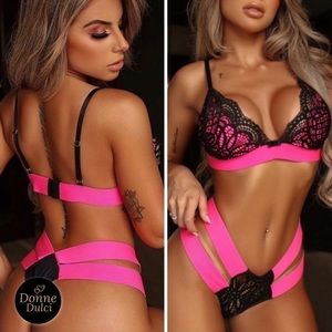 Baby doll triangle Neon crochet lace bralette & panty  set